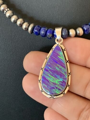 Southwestern Navajo Purple Opal Lapis Pendant Necklace | Sterling Silver | Authentic Native American Handmade | 00592