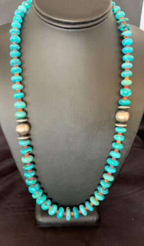 Navajo Natural Turquoise and Spiny Oyster Necklace | Sterling Silver | 25" | Authentic Native American Handmade | 13235