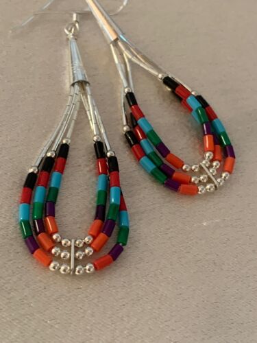 Handmade Liquid Silver Heishi Dangle Earrings | Turquoise Coral | Sterling Silver | 2" | 2001