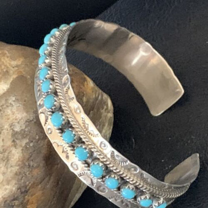 Native American Zuni Blue Turquoise Cuff Bracelet | Sterling Silver Handmade | 12694 - Masha USA