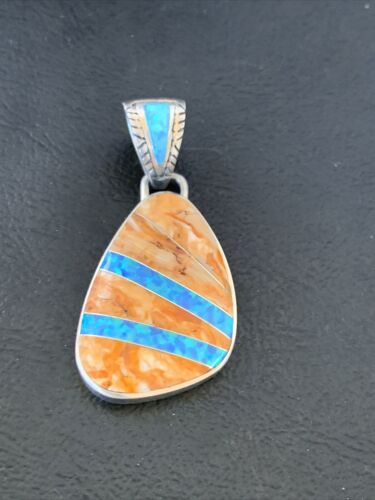 Men's Navajo Orange Spiny Oyster Blue Opal Inlay Pendant | Sterling Silver | Native American Handmade | 12487