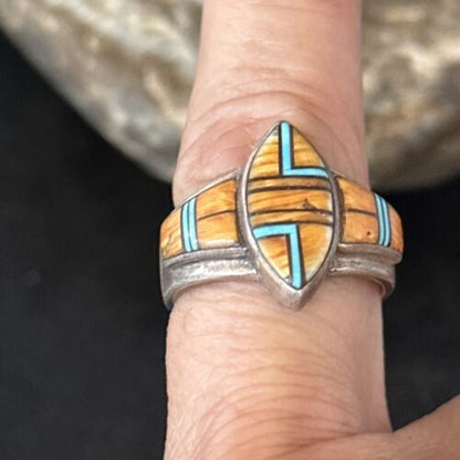 Native American Women's Navajo Blue Turquoise Spiny Oyster Inlay Ring | Sz 9.5 | 14561