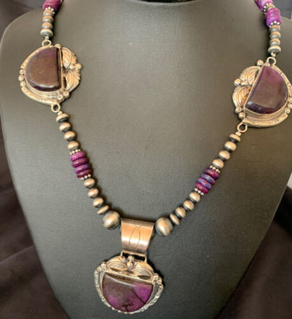 Navajo Pearls Sterling Silver Purple Sugilite Bead Necklace with 3 Pendants | 10869