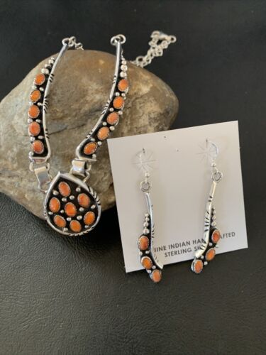 Navajo Red Spiny Oyster Necklace & Earrings Set | Sterling Silver | Native American Handmade | 2111