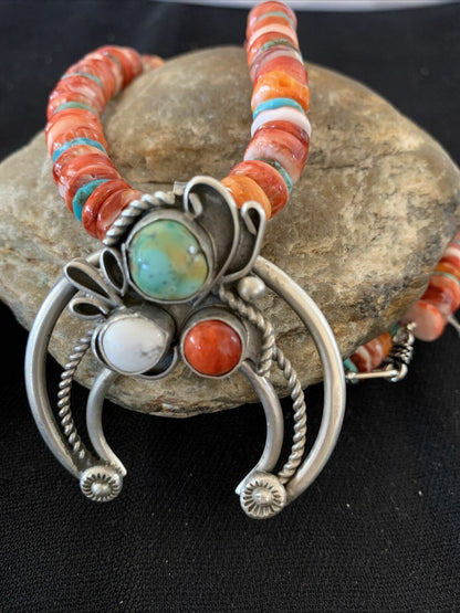 Navajo Pearls Sterling Silver Necklace | Red Spiny Oyster & Turquoise Naja Pendant | Authentic Native American Handmade