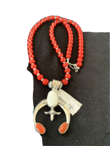 Navajo Sterling Silver Naja Pendant Necklace | White Buffalo Turquoise & Coral | Authentic Native American Handmade | 1433
