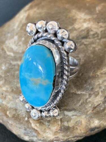Navajo Blue Kingman Turquoise Ring | Sterling Silver | Sz 7.5 | Authentic Native American Handmade | 13382