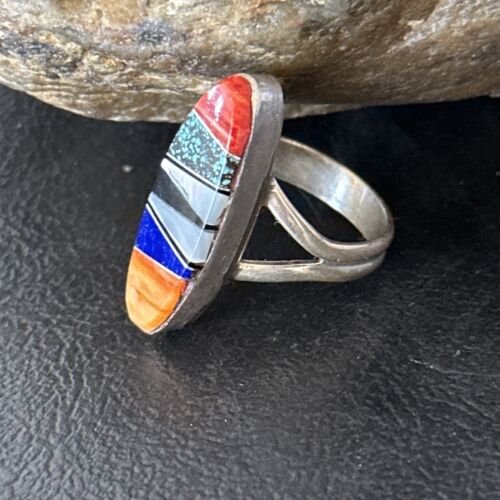 Navajo Sterling Silver Multi-Color Red Spiny Oyster Lapis Inlay Ring Sz 6 | Handmade | 14725