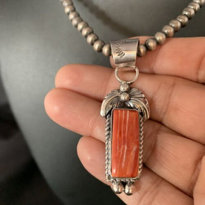 Navajo Red Spiny Oyster Square Pendant Necklace | Sterling Silver | Authentic Native American Handmade | 13635