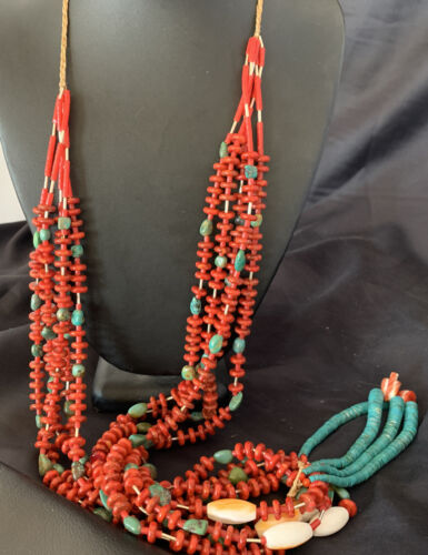 Southwestern Santo Domingo Red Coral Green Turquoise 5-Strand Jacla Necklace | 38" | Native American Handmade | 12052