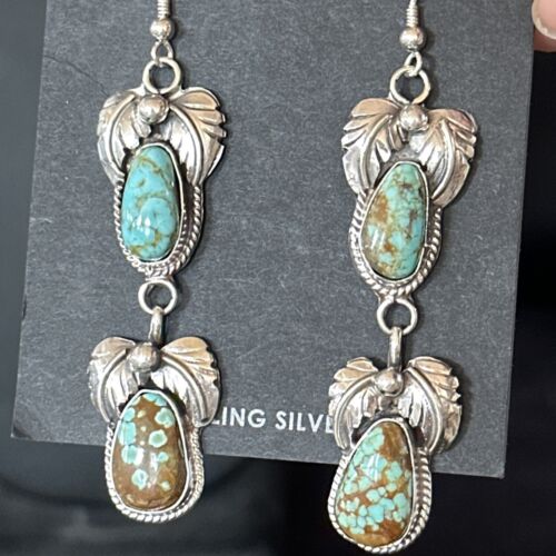 Navajo Blue #8 Turquoise Dangle Earrings | Sterling Silver | Authentic Native American Handmade | 14343