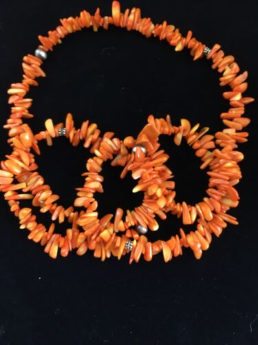 Navajo Orange Coral Necklace | Sterling Silver | 36" | Authentic Native American Handmade | 10044