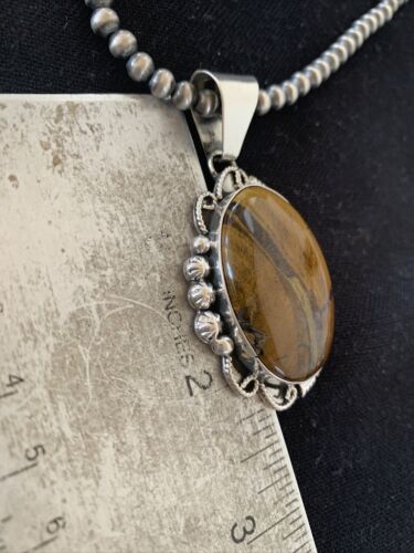 Men's Navajo Pearls Necklace | Sterling Silver | Coffee Tiger's Eye Pendant | Authentic Native American Handmade | 1541