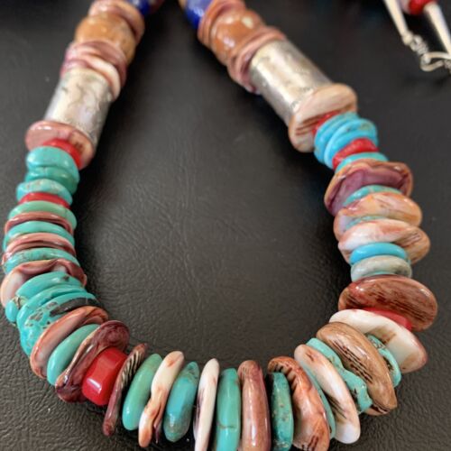 Navajo Turquoise Spiny Oyster Coral Lapis Necklace | Sterling Silver | 24" | Authentic Native American Handmade | 11870