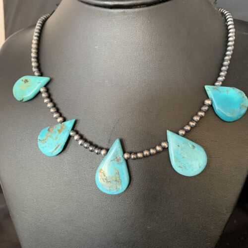Navajo Teardrop Blue Turquoise Necklace | Sterling Silver Pearls | 20" | Authentic Native American Handmade | 13967