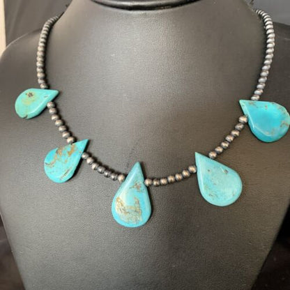 Navajo Teardrop Blue Turquoise Necklace | Sterling Silver Pearls | 20" | Authentic Native American Handmade | 13967