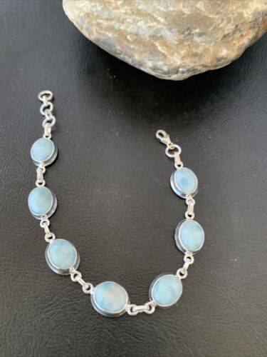 Navajo Blue Larimar 7 Link Bracelet | Sterling Silver | 7.5" | Authentic Native American Handmade | 10623