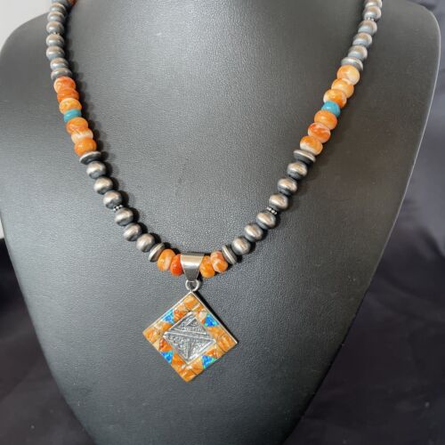 USA Navajo Pearls Sterling Necklace Orange Spiny Oyster Opal " Pendant 11383