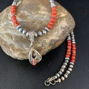 Native American Navajo Red Coral Pendant Necklace | Sterling Silver | 13842