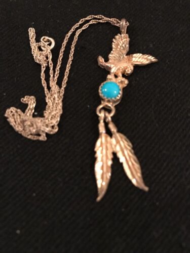 Sterling Silver Navajo Eagle Turquoise Feather Necklace Pendant 2.5" | Southwestern 17.5" | 3257