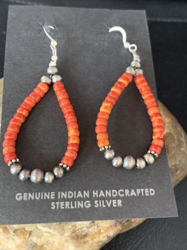 Navajo Red Spiny Oyster Hoop Earrings | Sterling Silver | Authentic Native American Handmade | 13499
