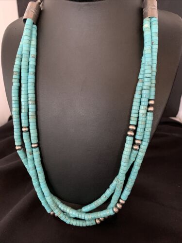 USA Native American Navajo Sterling 3S Turquoise HEISHI Necklace 24” 13299