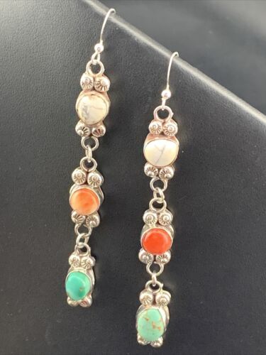 Navajo Spiny, Turquoise & Howlite Dangle Earrings | Sterling Silver | Authentic Native American Handmade | 01618