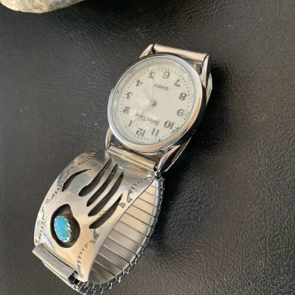 Men's Navajo Bear Paw Watch Tips | Sterling Silver & Blue Turquoise Band | Authentic Native American Jewelry | 11575
