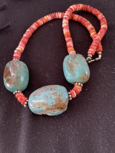 Chunky Turquoise Navajo Pearls | Sterling Silver | Red Spiny Oyster | 22" | Necklace 1239