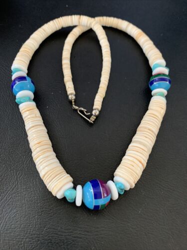Authentic Native American Santo Domingo Shell & Turquoise 3-Bead Pendant Necklace with Pearls | 20" | 12524