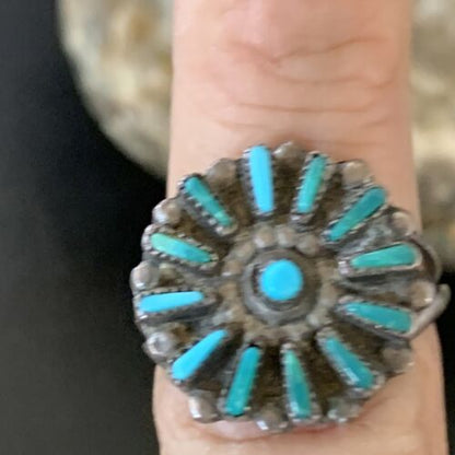 Zuni Blue Turquoise Multi-Stone Cluster Ring | Authentic Native American Sterling Silver Needle Point | Sz 7 | 10741
