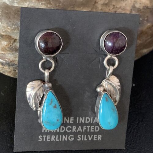 Navajo Purple Sugilite and Blue Turquoise Dangle Leaf Earrings | Sterling Silver | Native American Handmade | 13454