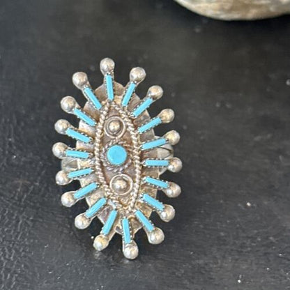 Zuni Blue Turquoise Cluster Needle Point Ring | Authentic Native American Sterling Silver | Multi-Stone | Sz 10 | 14567