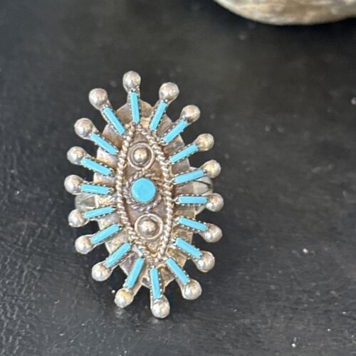 Zuni Blue Turquoise Cluster Needle Point Ring | Authentic Native American Sterling Silver | Multi-Stone | Sz 9 | 14568