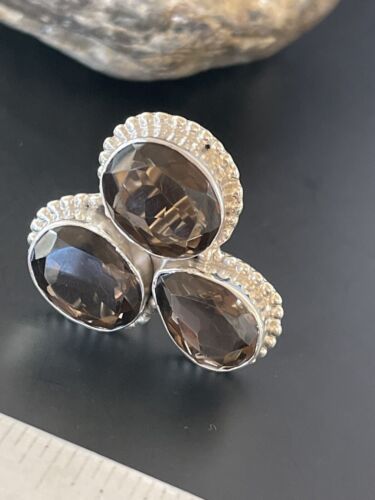 Navajo Smokey Quartz Cluster Ring | Authentic Native American Sterling Silver | Multi-Stone | Sz 8 | 11451