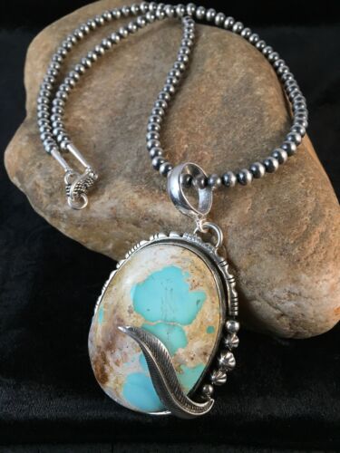 Royston Turquoise Pendant | Navajo Pearls Sterling Silver Necklace | Authentic Native American Handmade | 8730