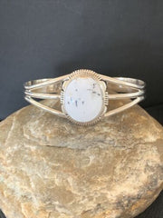 Navajo White Buffalo Turquoise Cuff Bracelet | Sterling Silver | Authentic Native American Handmade | 1388