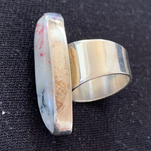 Native American Men's Navajo Cinnabrite Ring | White Black | Sterling Silver | Sz 7.5 | 1555