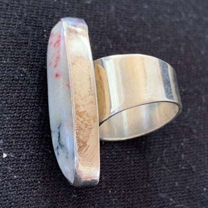 Native American Men's Navajo Cinnabrite Ring | White Black | Sterling Silver | Sz 7.5 | 1555