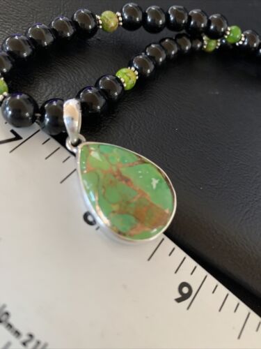 Navajo Pearls Onyx Mojave Turquoise Pendant Necklace | Sterling Silver | Authentic Native American Handmade | 13253