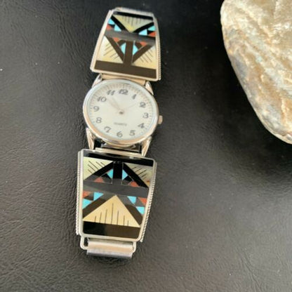 Navajo Men's Watch Tips | Sterling Silver with Onyx, Coral, Turquoise Inlay | Authentic Native American Jewelry | 11576
