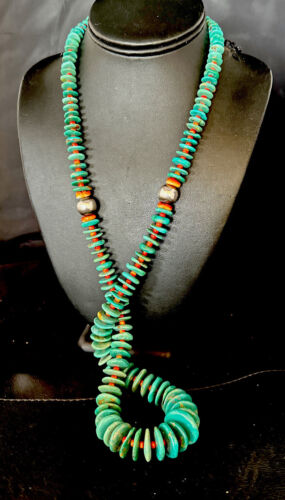 Navajo Turquoise Spiny Oyster Necklace | Sterling Silver | Authentic Native American | 32" | 14362