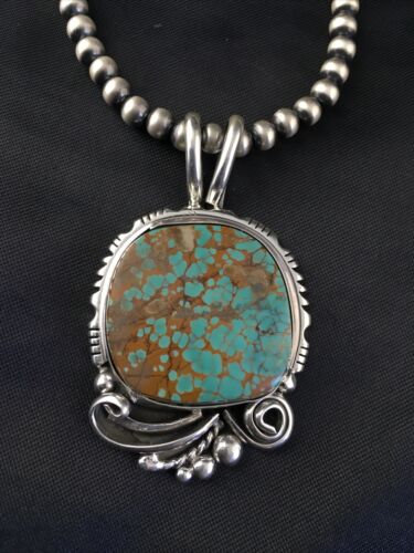 Navajo Blue #8 Turquoise Pendant Necklace Set | Sterling Silver | 2.25" | Authentic Native American Handmade | 10159