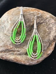 Navajo Green Gaspeite Earrings | Sterling Silver Liquid Heishi Dangle | 2.25" | Authentic Native American Handmade | 2021