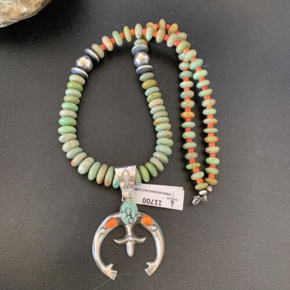 Navajo Pearl Necklace with Sterling Silver Green Turquoise & Spiny Oyster Naja Pendant | 11700
