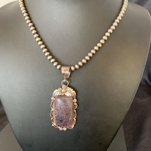 Navajo Pearls Necklace with Purple Sugilite Pendant | Sterling Silver | Authentic Native American Handmade | 10913