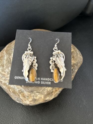 Navajo Coffee Tigers Eye Dangle Earrings | Sterling Silver | Authentic Native American Handmade | 14759