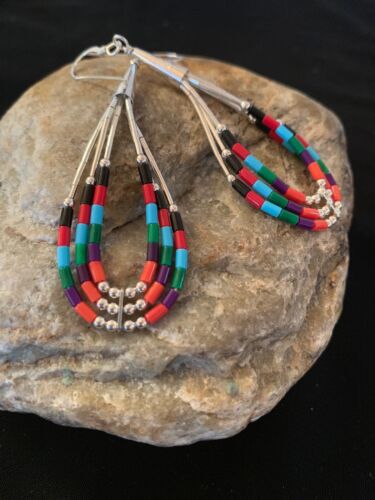Handmade Liquid Silver Heishi Dangle Earrings | Turquoise Coral | Sterling Silver | 2" | 2001