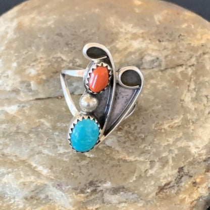 Navajo Coral Blue Turquoise Multi-Stone Ring | Authentic Native American Sterling Silver | Sz 6.5 | 10826