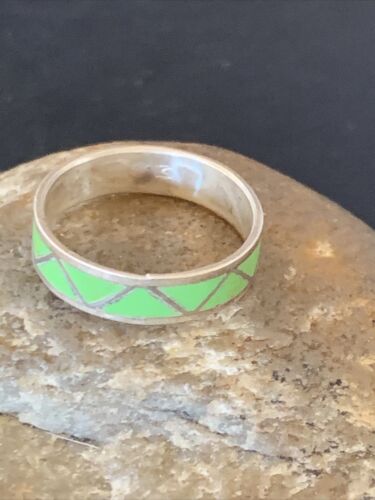 Navajo Men's Band Ring | Sterling Silver Green Gaspeite Inlay | Sz 12 | Authentic Native American Handmade | 12462